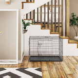 Metal Wire Foldable Dog Crate With Divider Plastic Tray - 42 Inches - Black