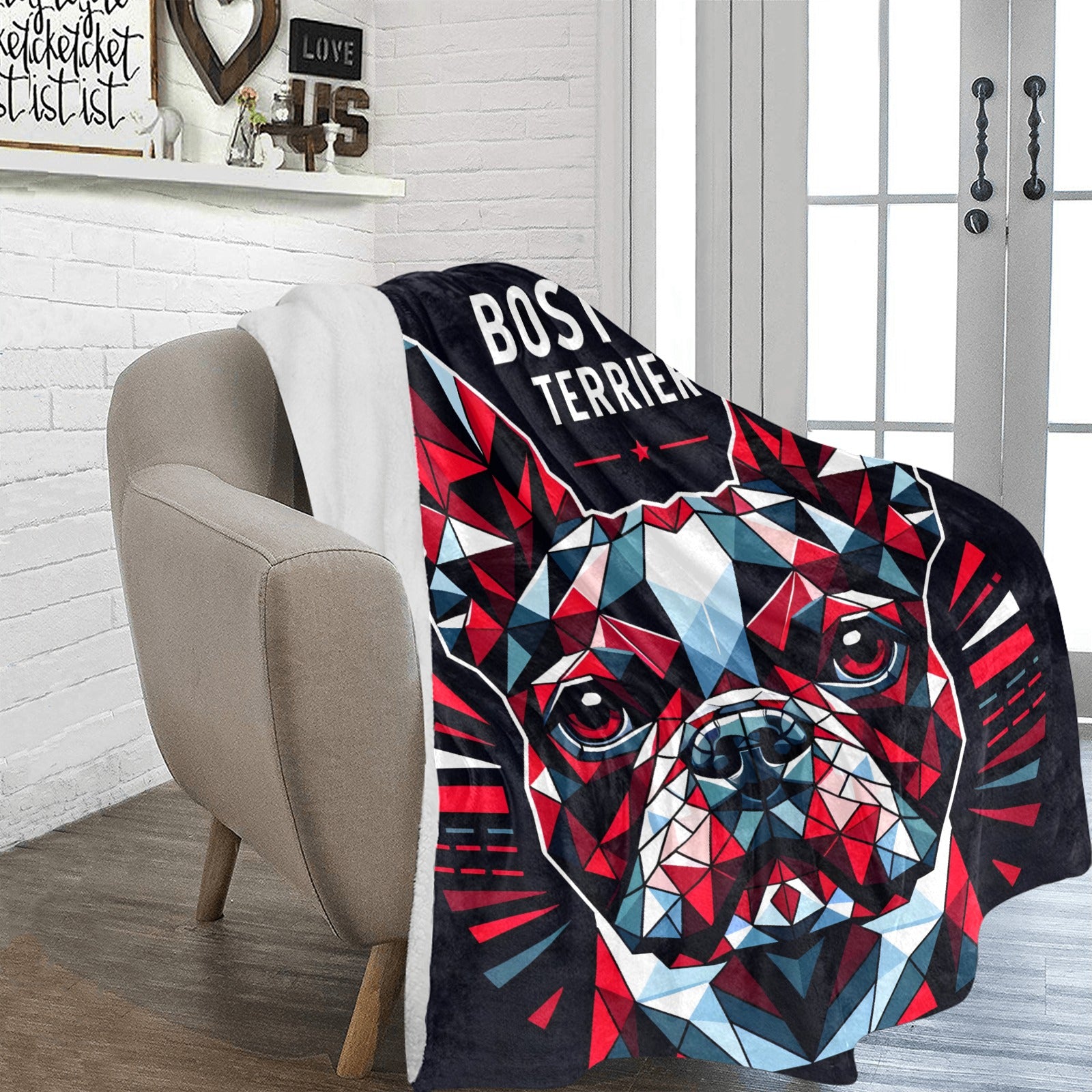 Geometric Boston Terrier Ultra-Soft Micro Fleece Blanket - Red, White and Black
