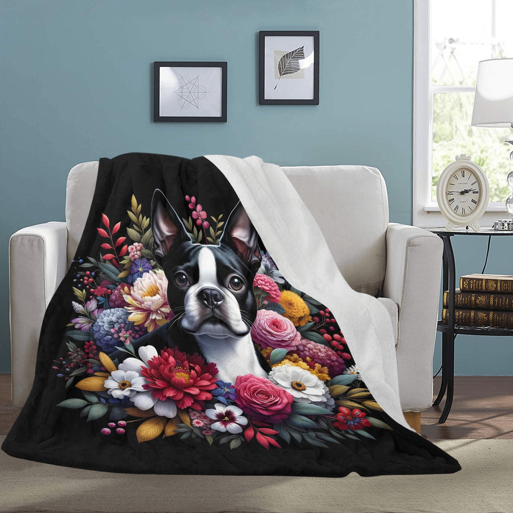 Floral Boston Terrier dog Ultra-Soft Micro Fleece Blanket