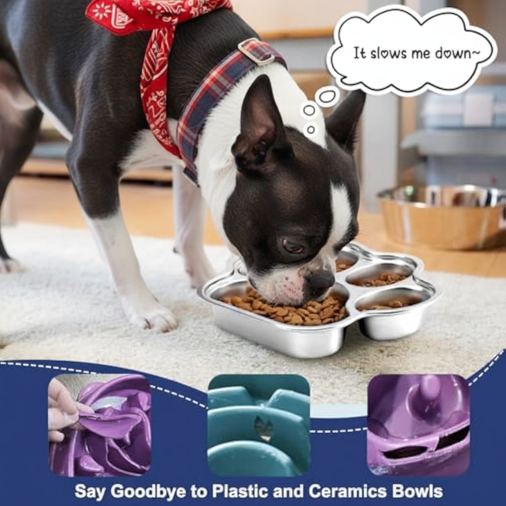 Slow Feeder Stainless Steel Dog Paw Print Shaped Bowl For Fast Eater .