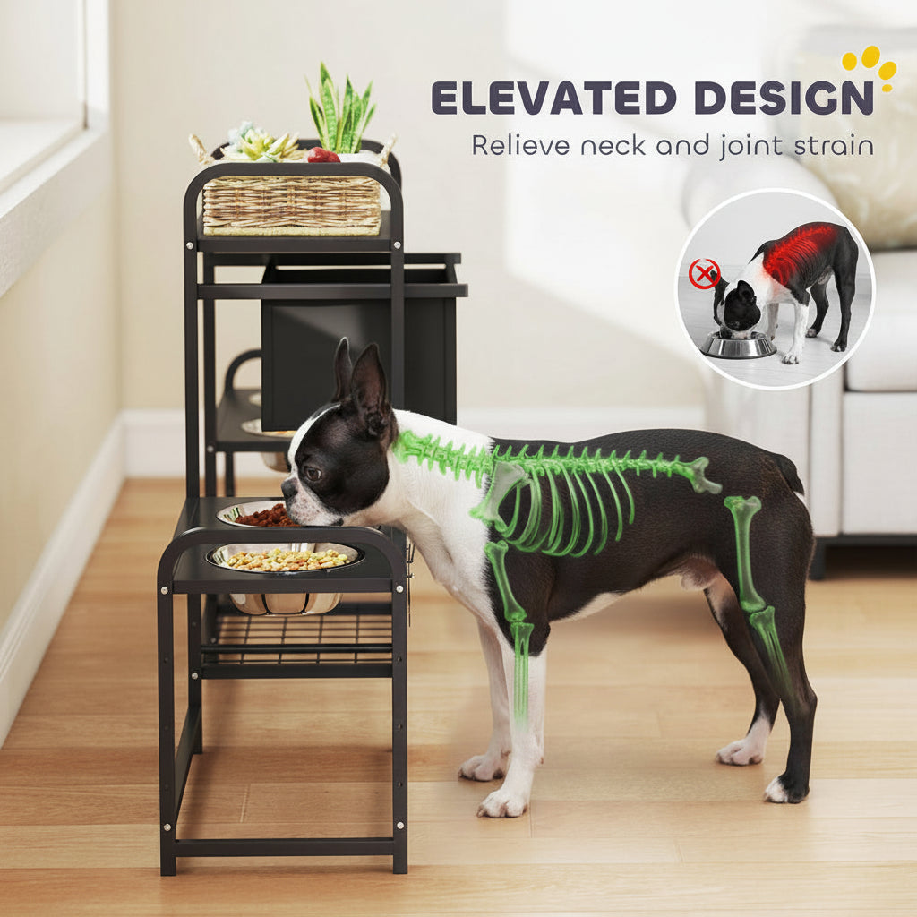 4-Bowl Elevated Dog Feeding Station with Storage – Adjustable Height Stand for Multi-Dog Homes .