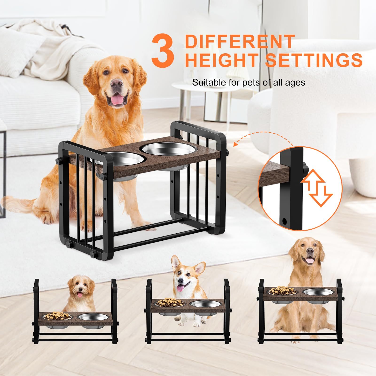 H-shaped Iron Frame Wood and Stainless Steel Lifted Dog Bowls