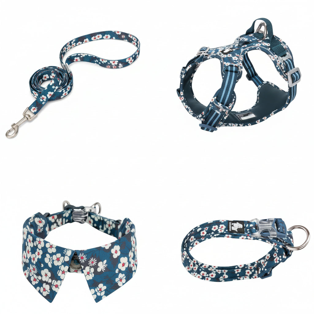 TrueLove Floral Fashion Dog Accessories . Floral Blue four piece set