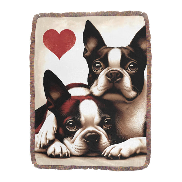 Two Boston Terriers Love Portrait Ultra-Soft Fringe Woven Blanket 60