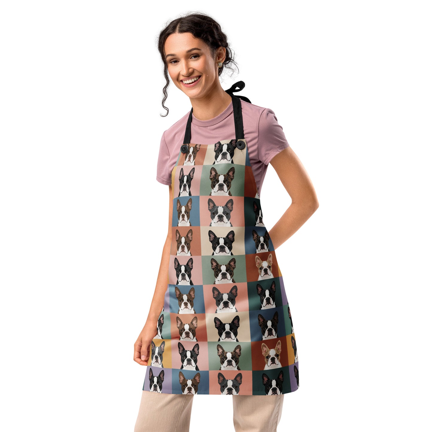 Pop Art Style Colored Boston Terriers Modern Tiles Pattern Apron .