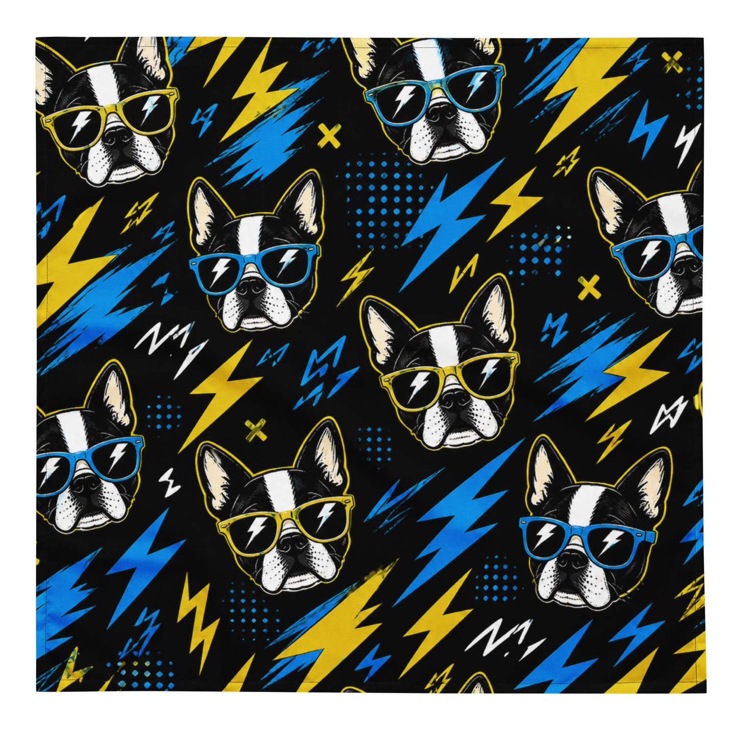 Lightning Bolt Boston Terrier Faces Bandana - Blue and Yellow .