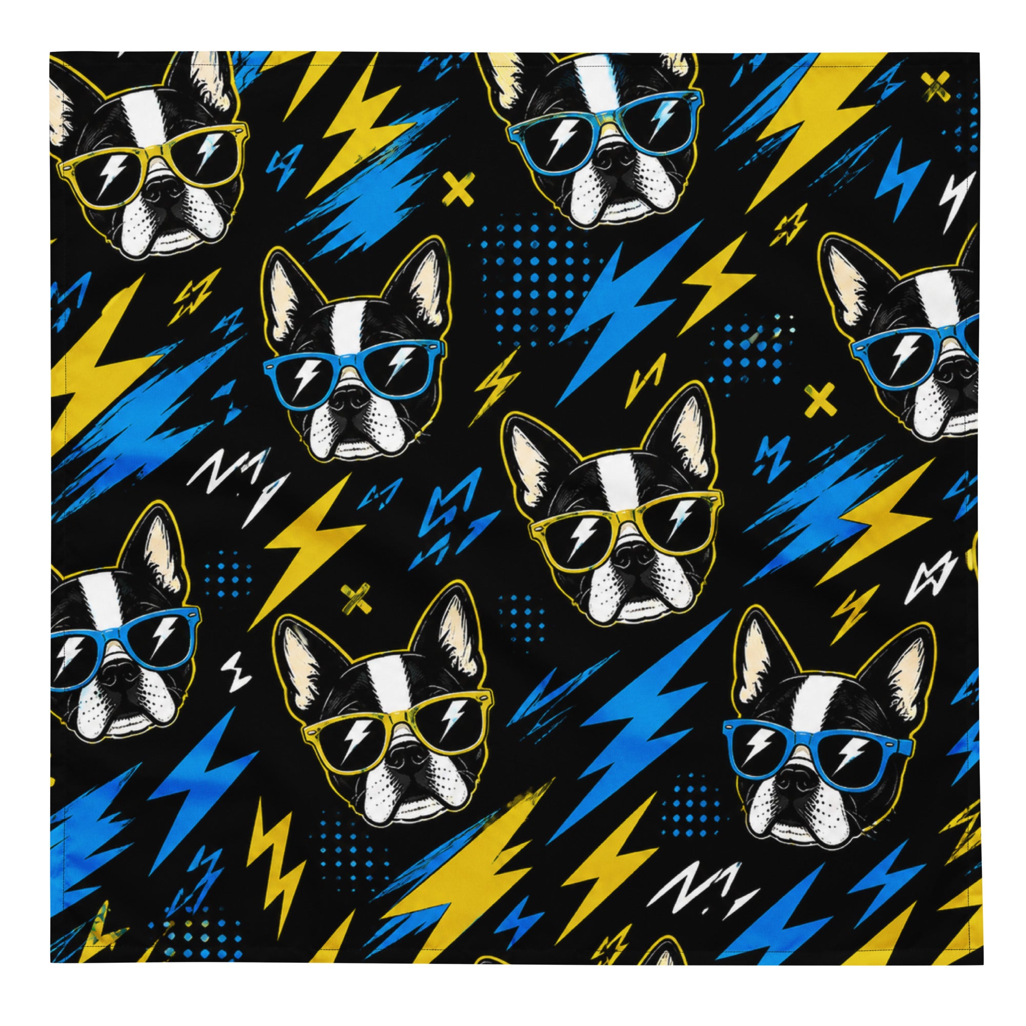 Lightning Bolt Boston Terrier Faces Bandana - Blue and Yellow .