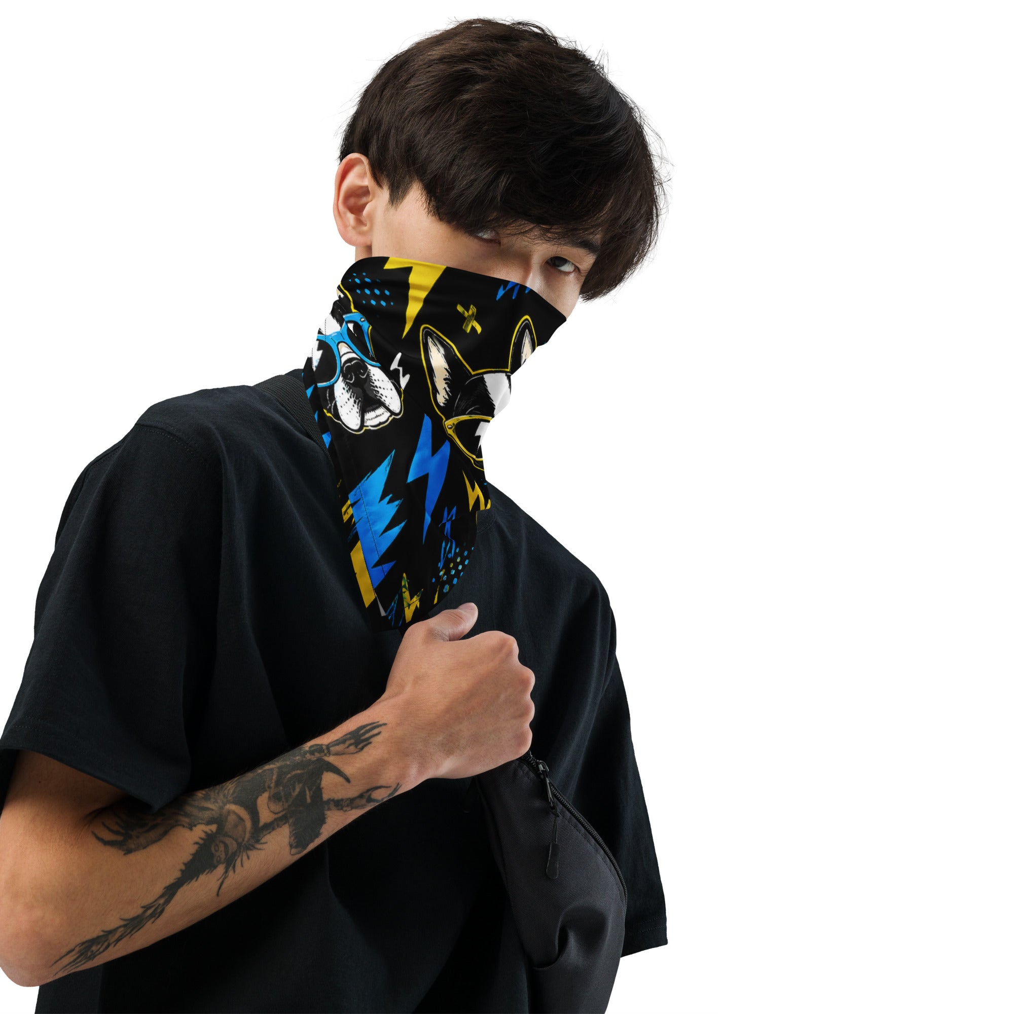 Lightning Bolt Boston Terrier Faces Bandana - Blue and Yellow . M