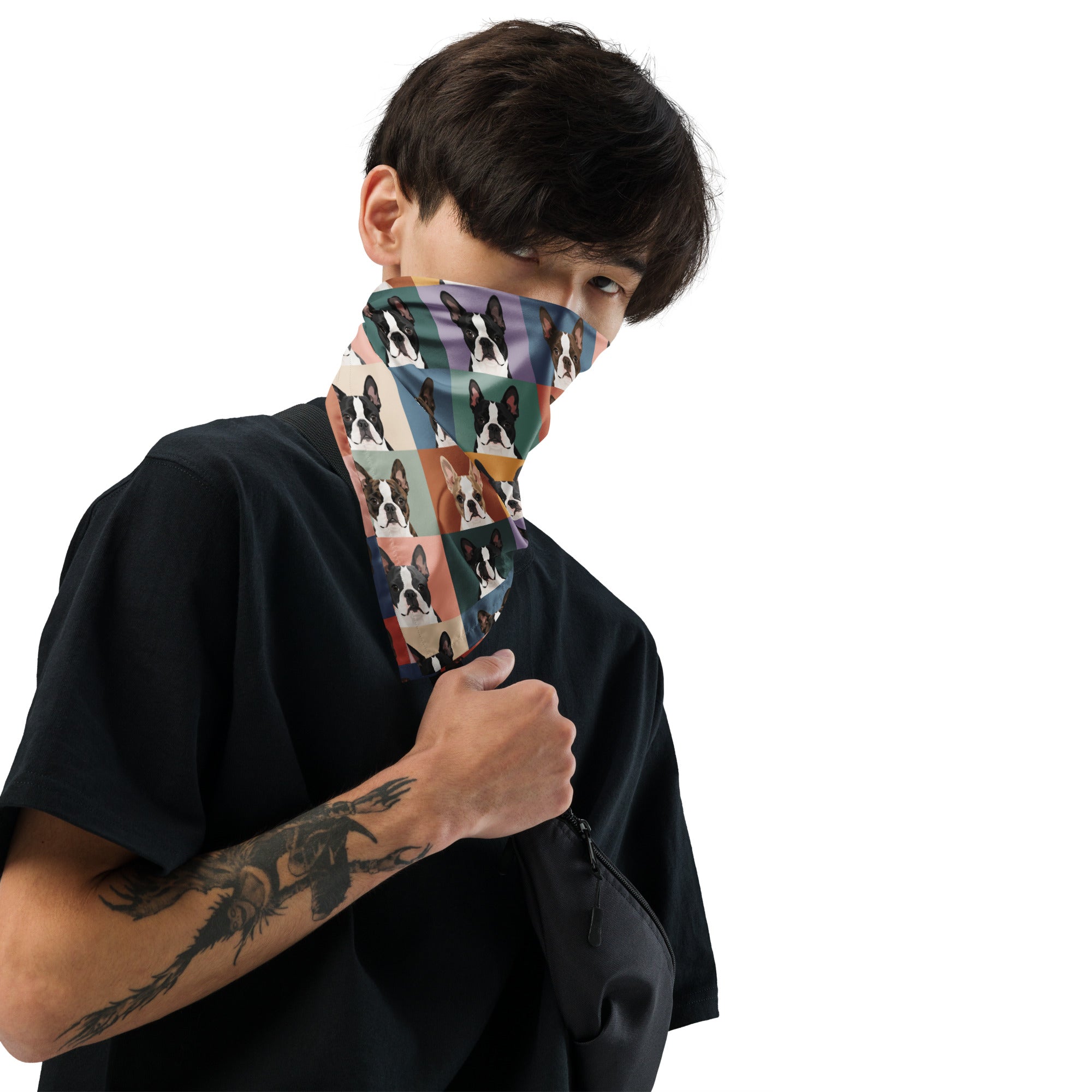 Pop Art Style Colored Boston Terriers Modern Tiles Pattern Bandana . M
