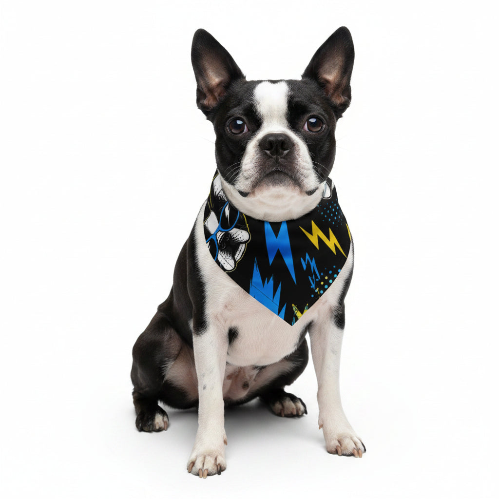 Lightning Bolt Boston Terrier Faces Bandana - Blue and Yellow . S