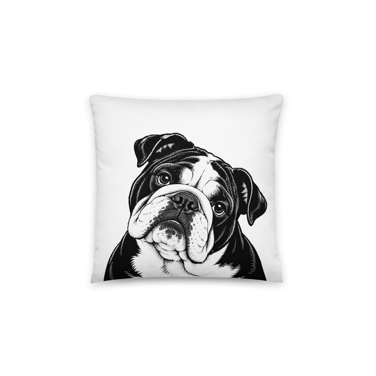 English Bulldog Head Tilt Pillow . 14″×14″