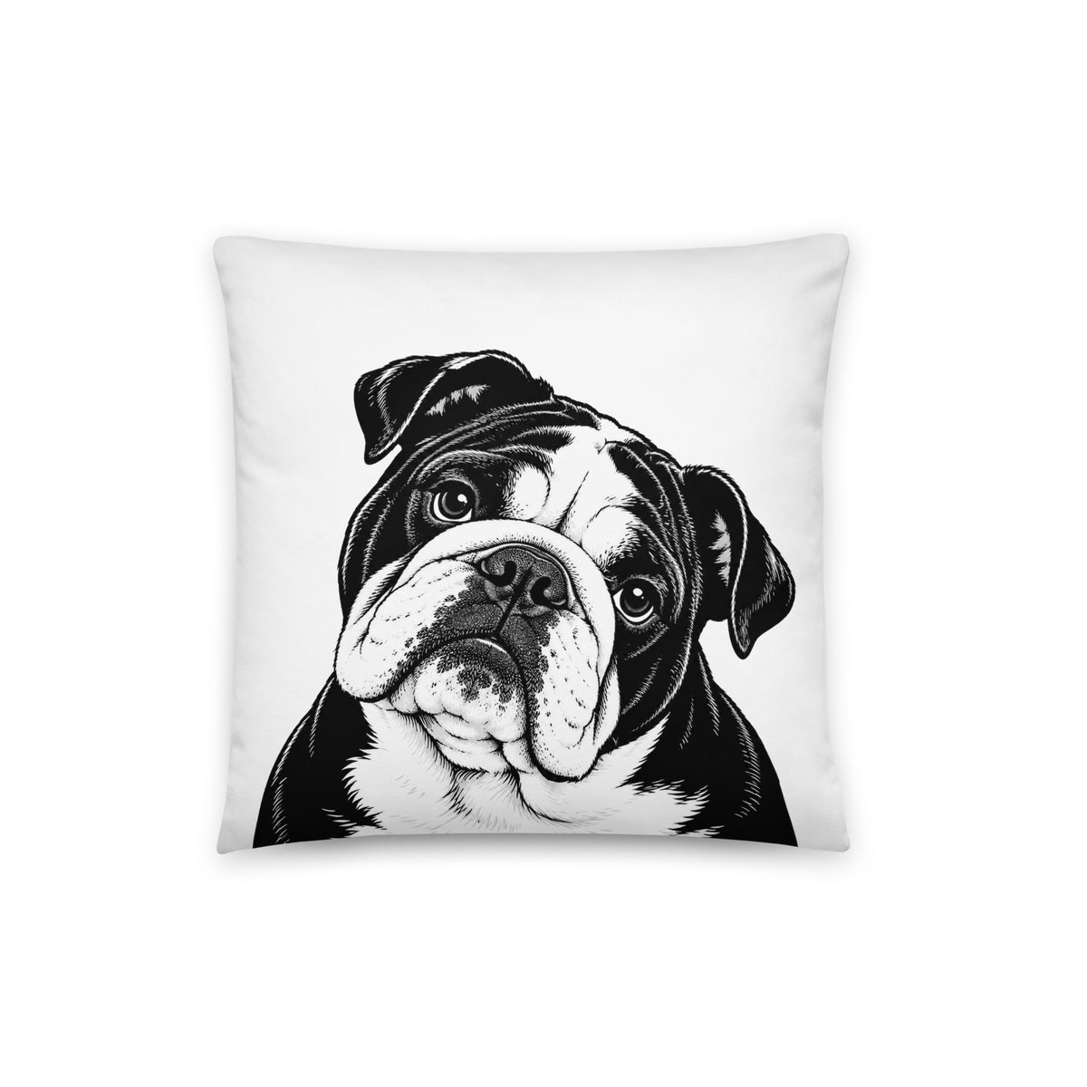 English Bulldog Head Tilt Pillow . 16″×16″