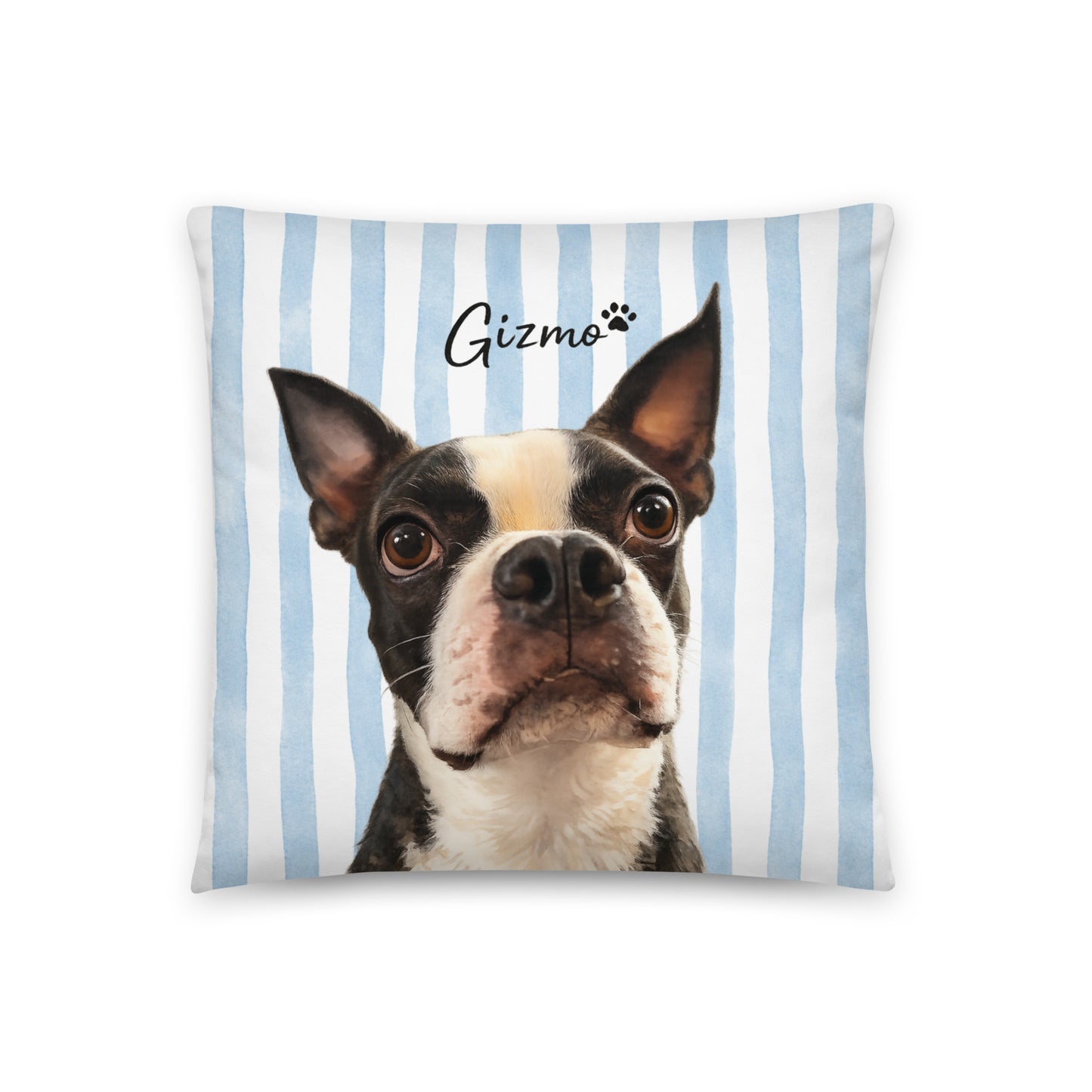 Custom Striped Dog Portrait Pillow - Watercolor Art Using Photo(s) And Name(s) . 18″×18″