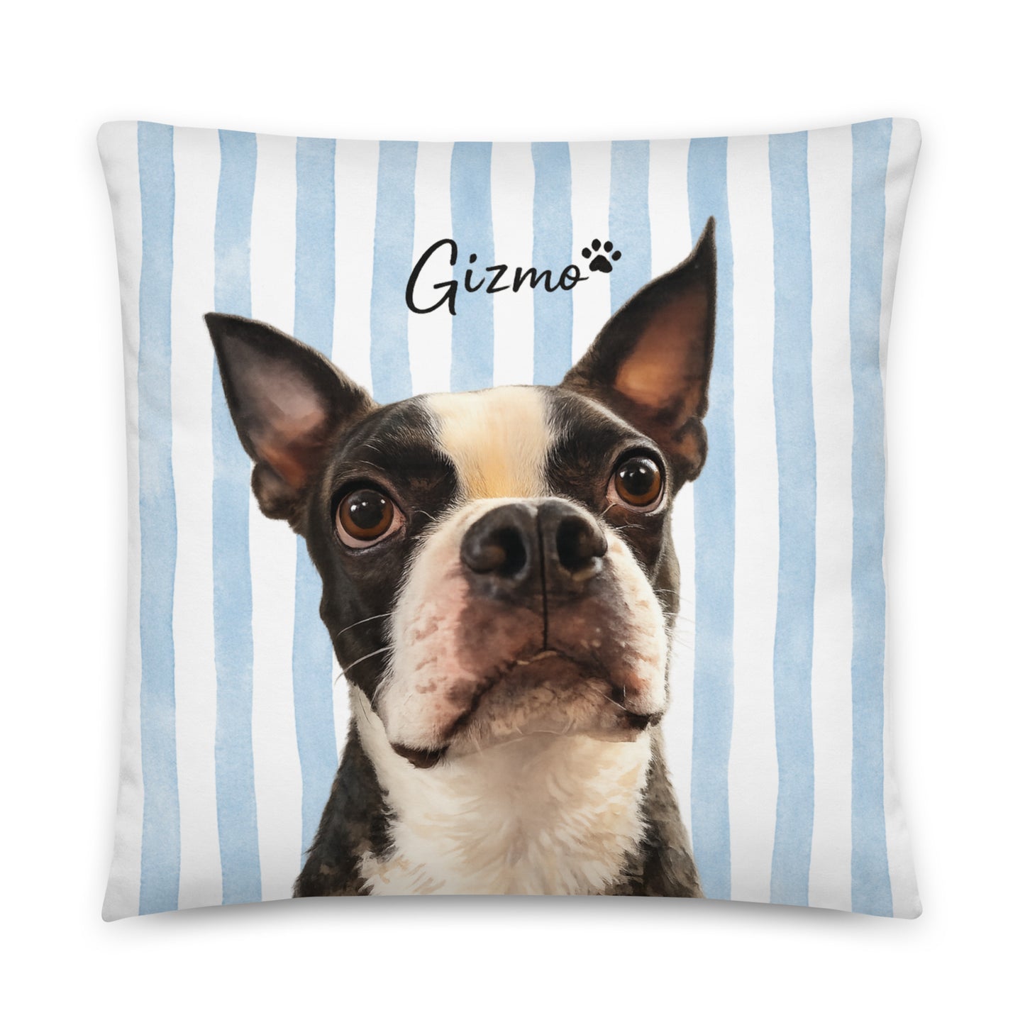 Custom Striped Dog Portrait Pillow - Watercolor Art Using Photo(s) And Name(s) .