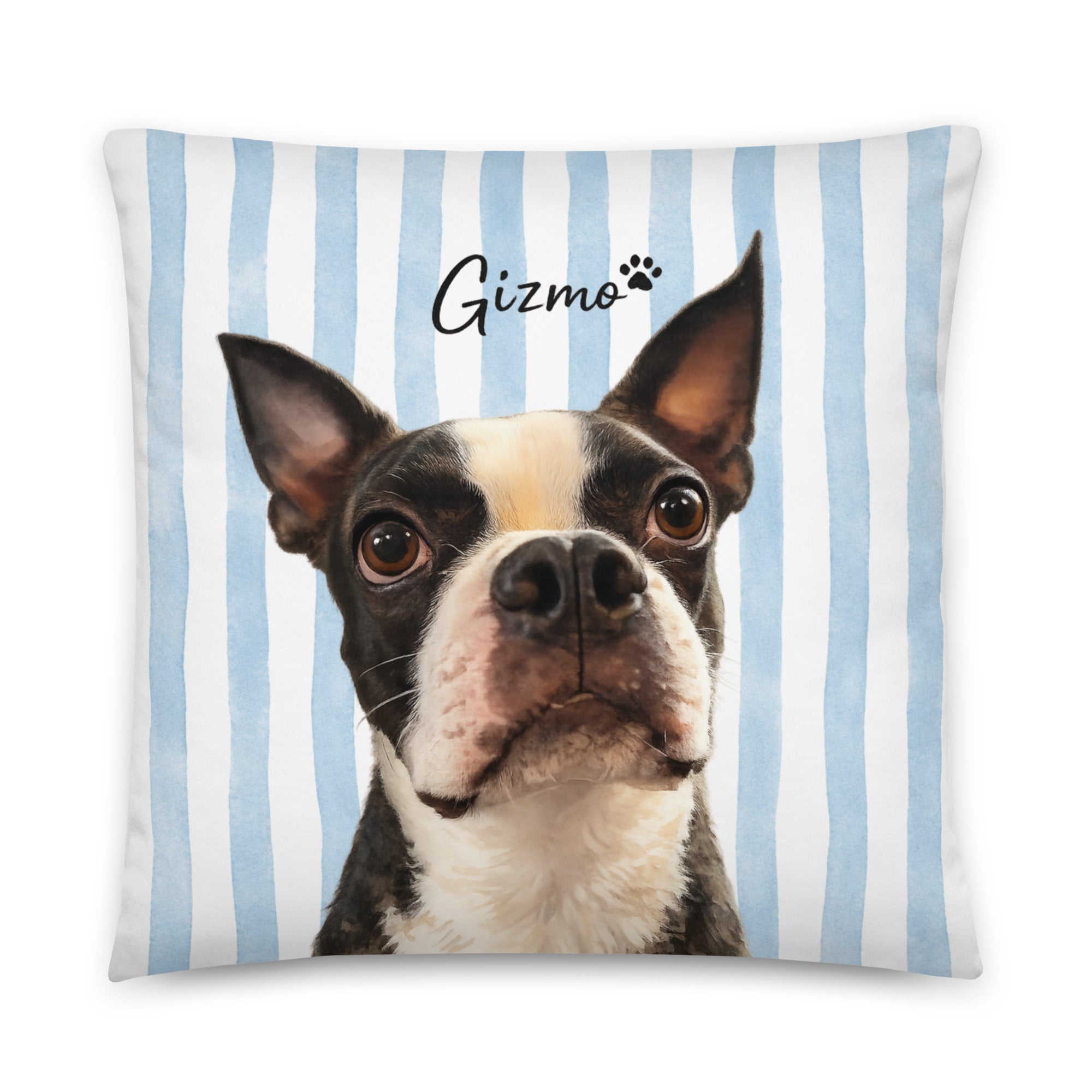 Custom Striped Dog Portrait Pillow - Watercolor Art Using Photo(s) And Name(s) .