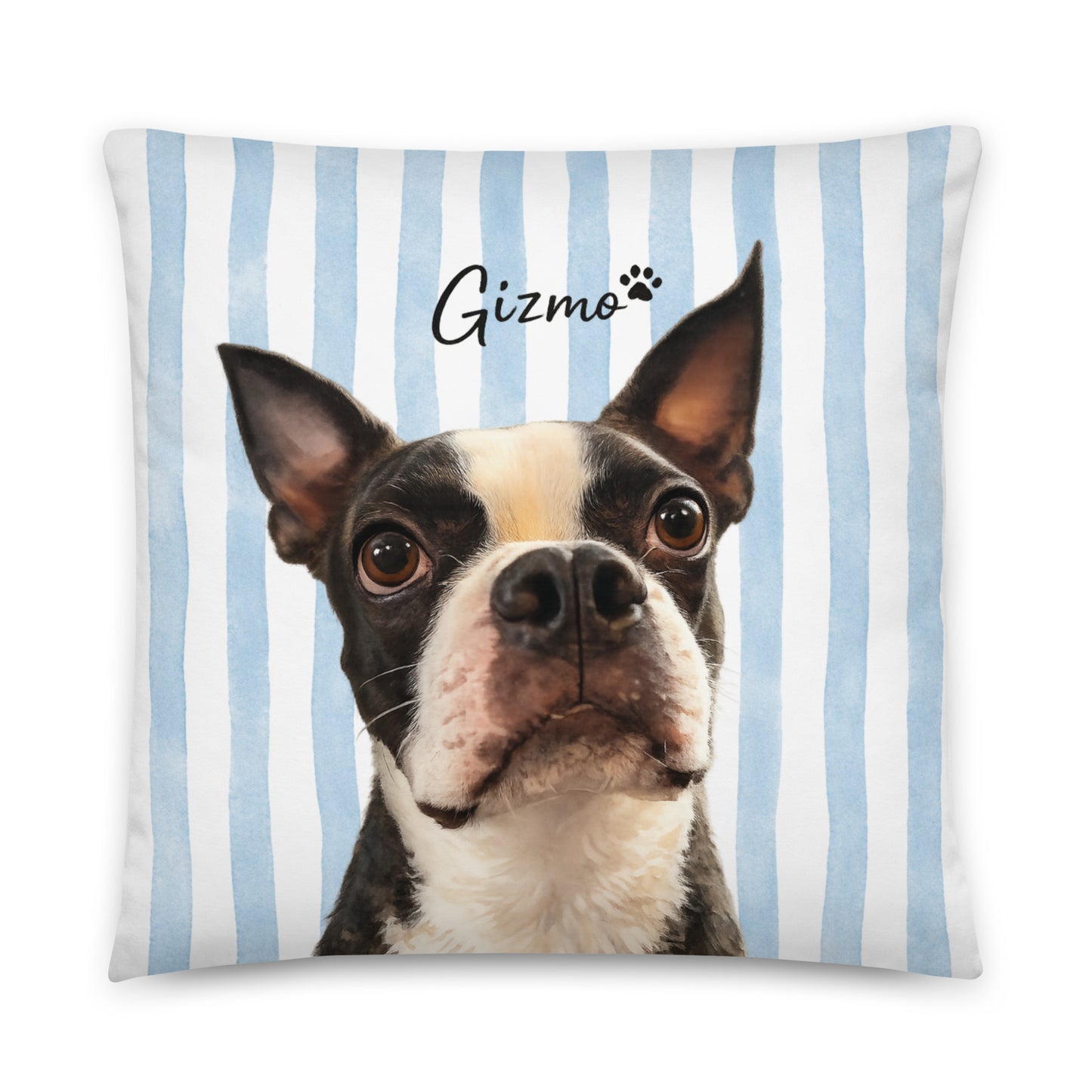 Custom Striped Dog Portrait Pillow - Watercolor Art Using Photo(s) And Name(s) . 22″×22″