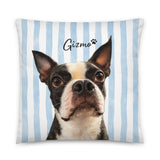 Custom Striped Dog Portrait Pillow - Watercolor Art Using Photo(s) And Name(s) . 22″×22″