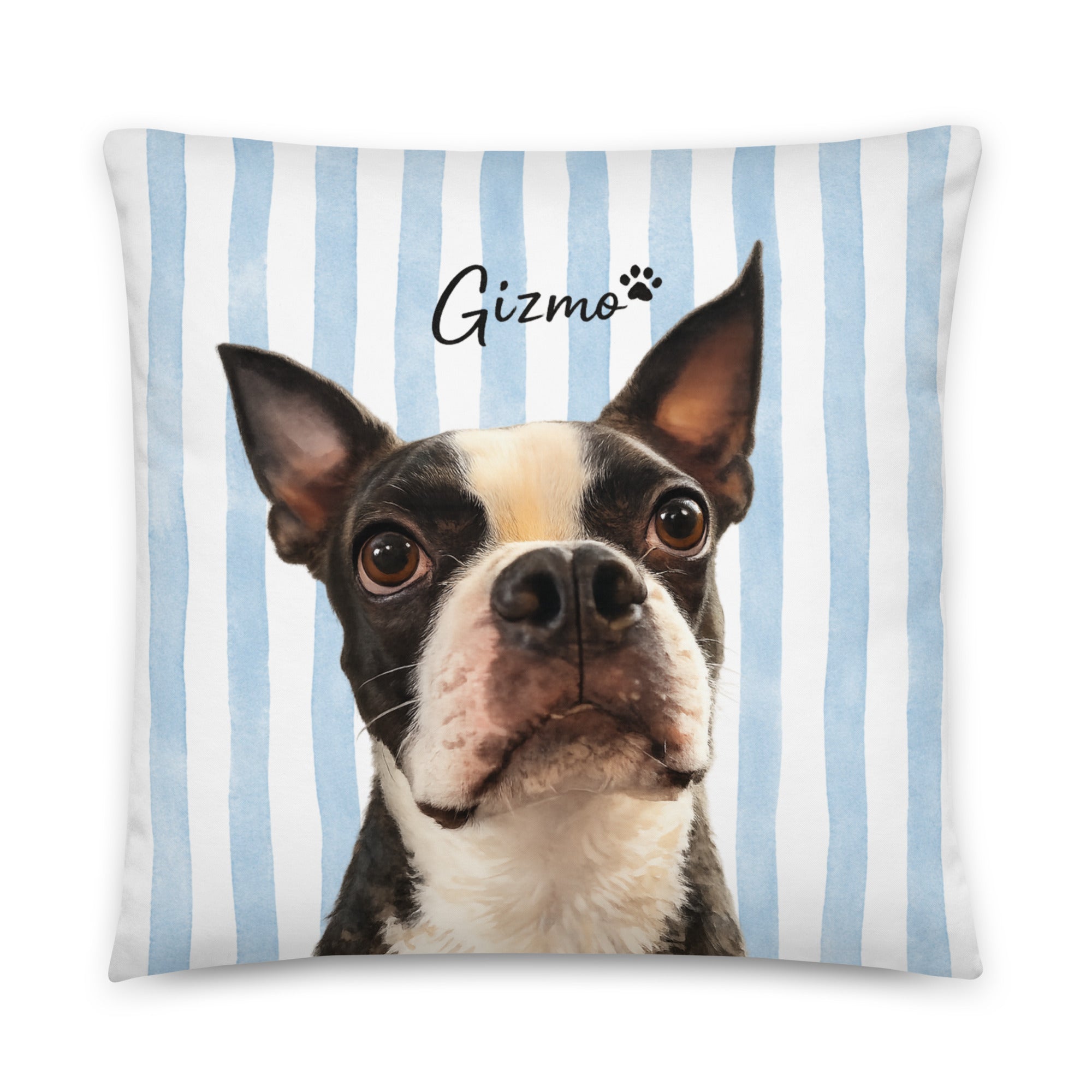 Custom Striped Dog Portrait Pillow - Watercolor Art Using Photo(s) And Name(s) . 22″×22″