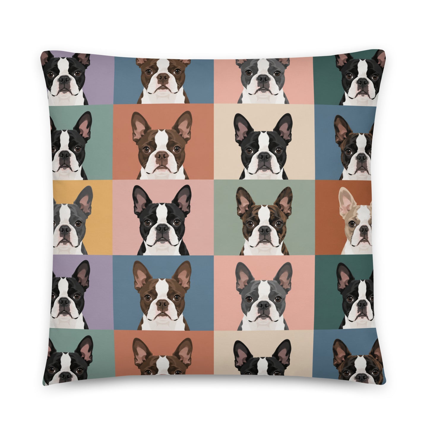 Pop Art Style Colored Boston Terriers Modern Tiles Pattern Basic Pillow . 22″×22″