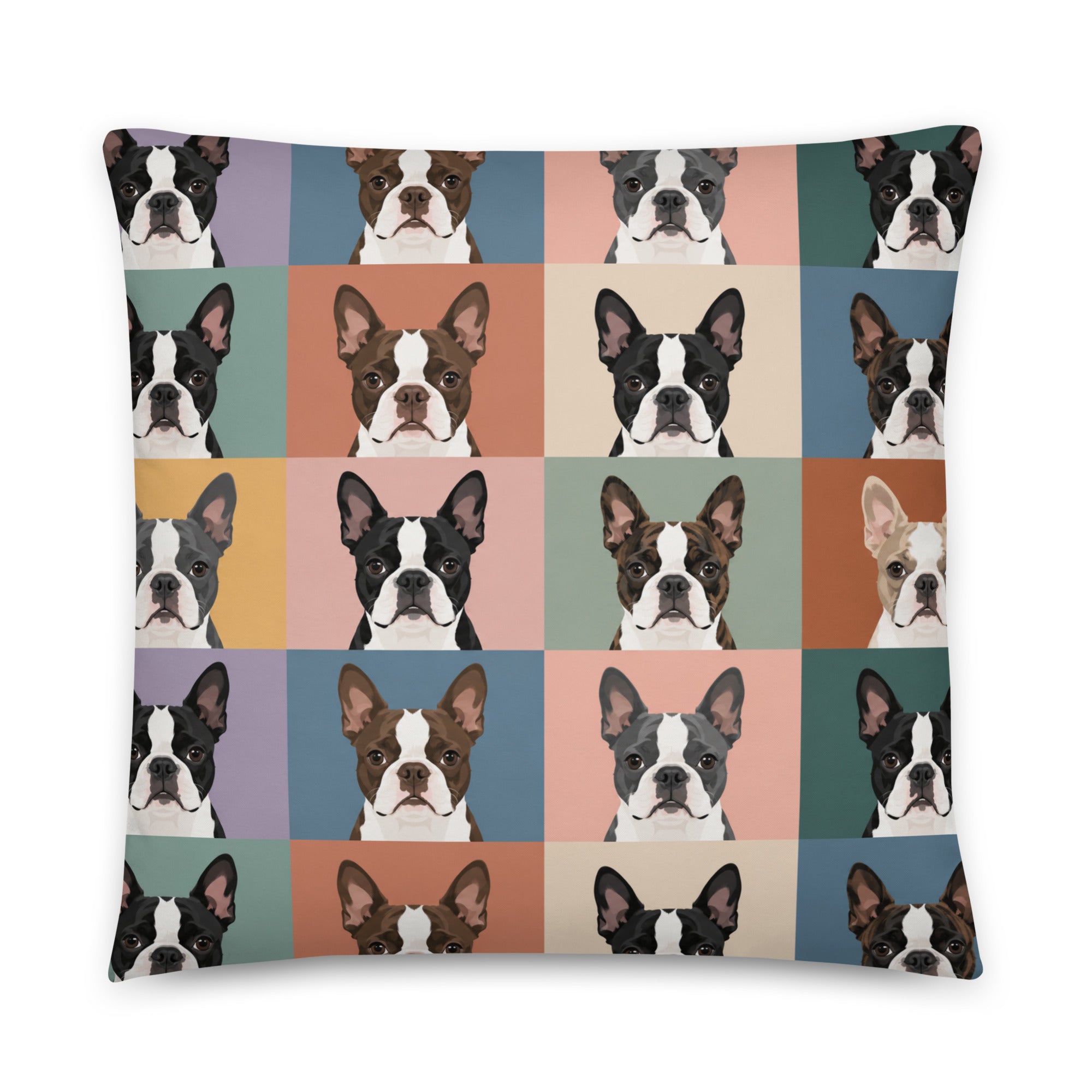 Pop Art Style Colored Boston Terriers Modern Tiles Pattern Basic Pillow . 22″×22″
