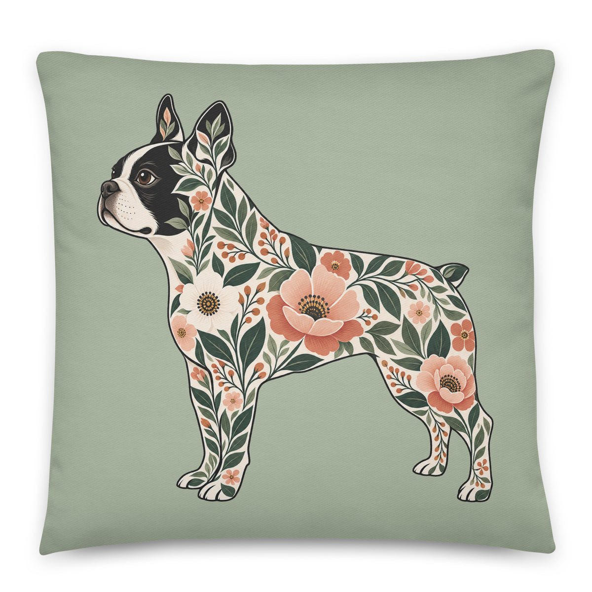 Botanical Boston Terrier Silhouette Cotton Pillow