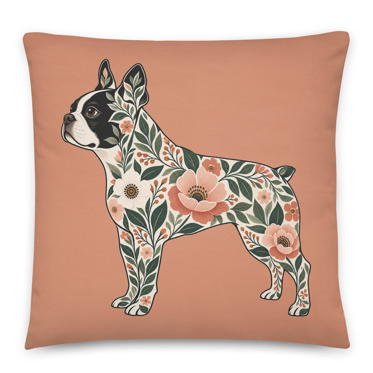Botanical Boston Terrier Silhouette Cotton Pillow