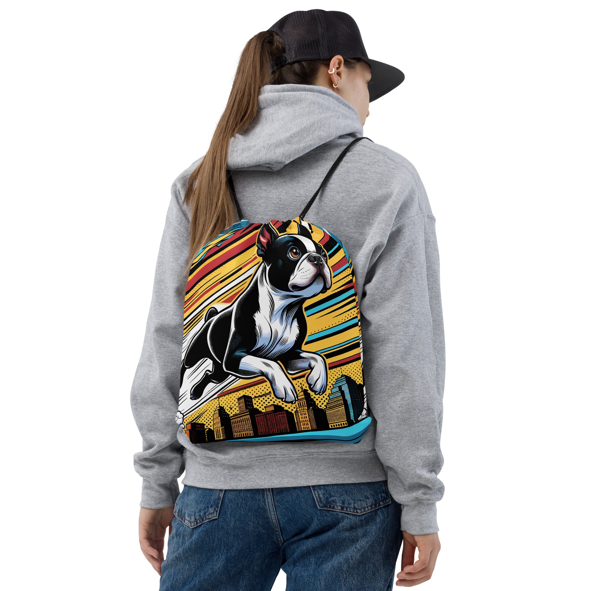 Comic Book-Style Boston Terrier Dog Drawstring Bag