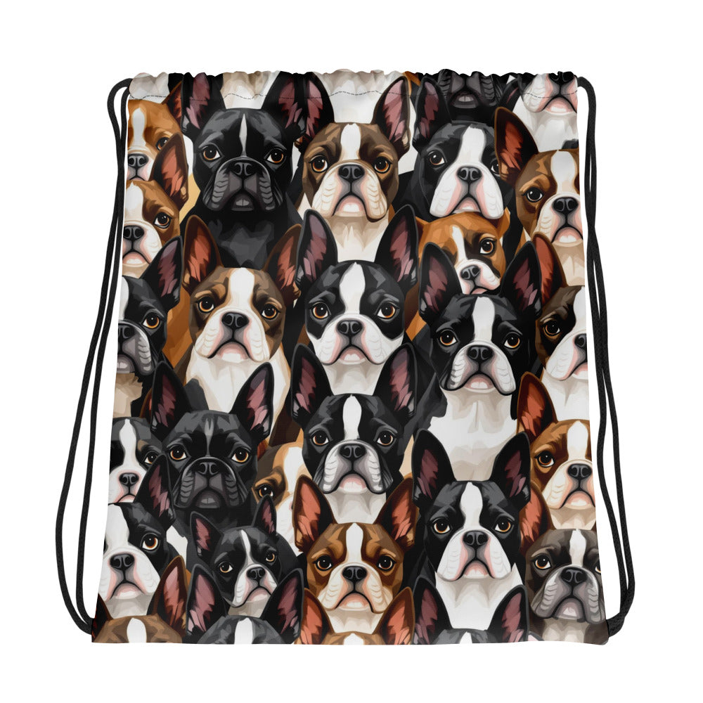 Boston Terrier Dogs Crowd Drawstring Bag .
