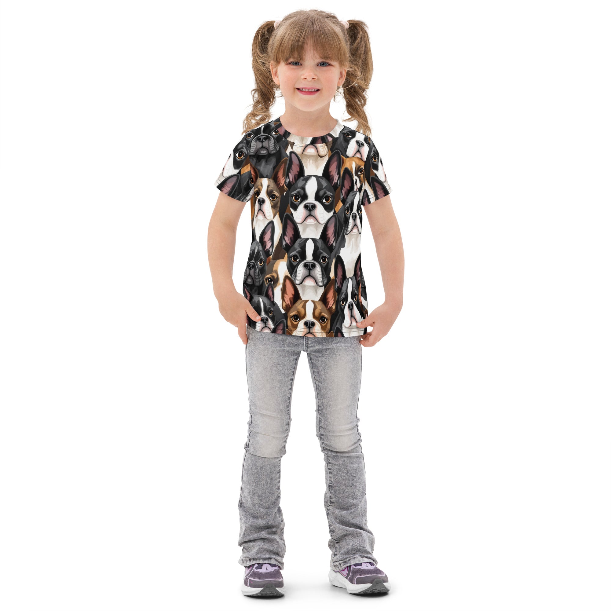 Boston Terrier Dogs crowd Kids Cotton Crew Neck T-Shirt .