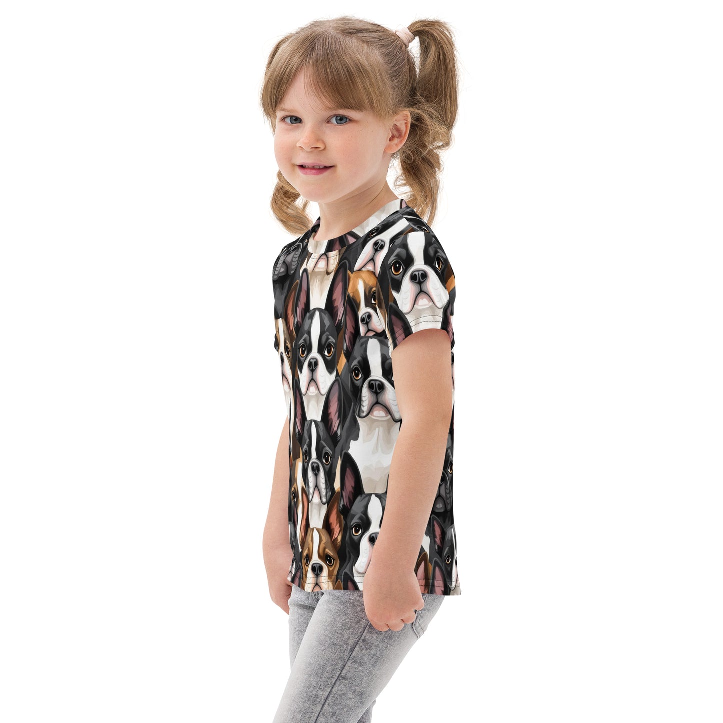 Boston Terrier Dogs crowd Kids Cotton Crew Neck T-Shirt .