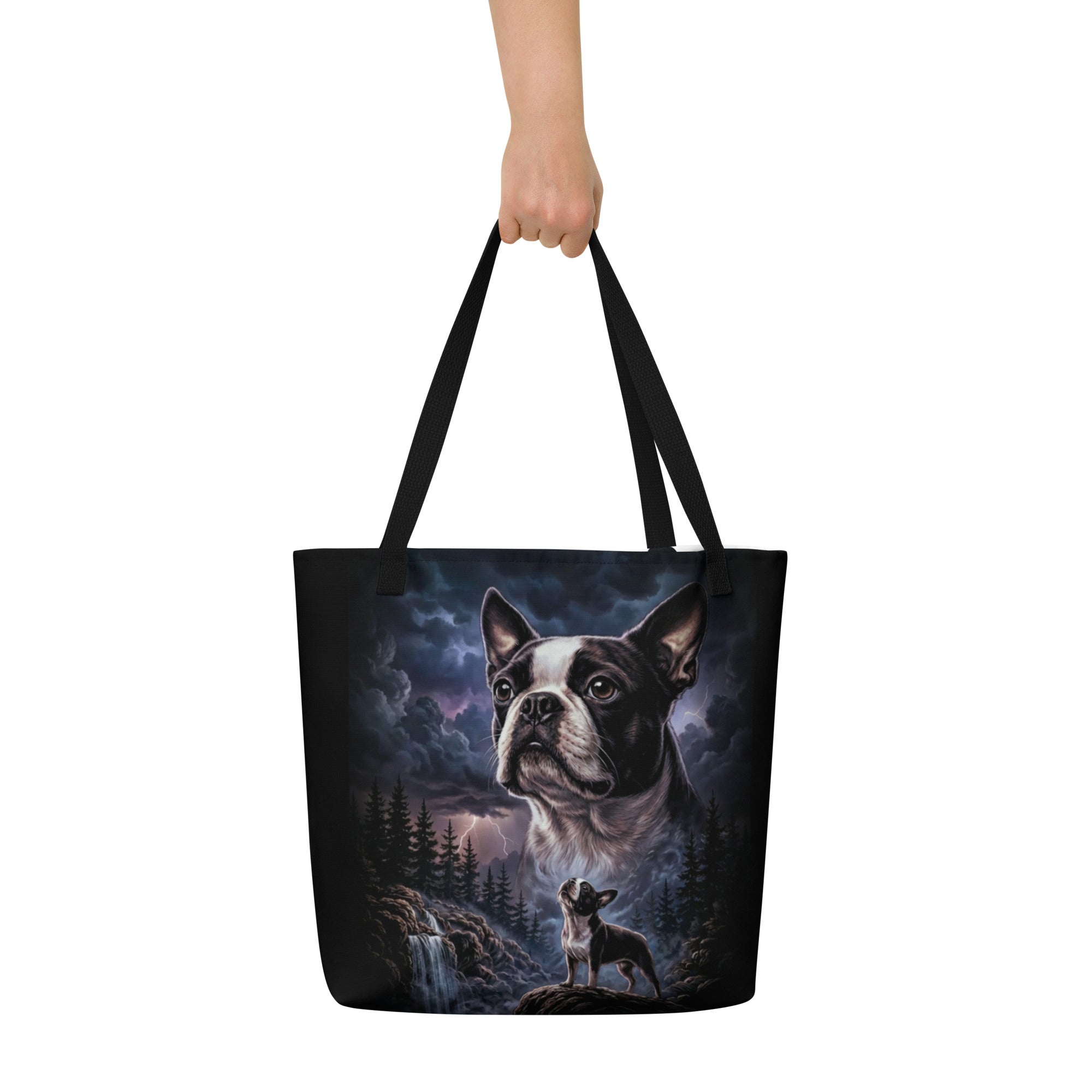 Storm Guardian – Majestic Boston Terrier Night Art Large Tote Bag .