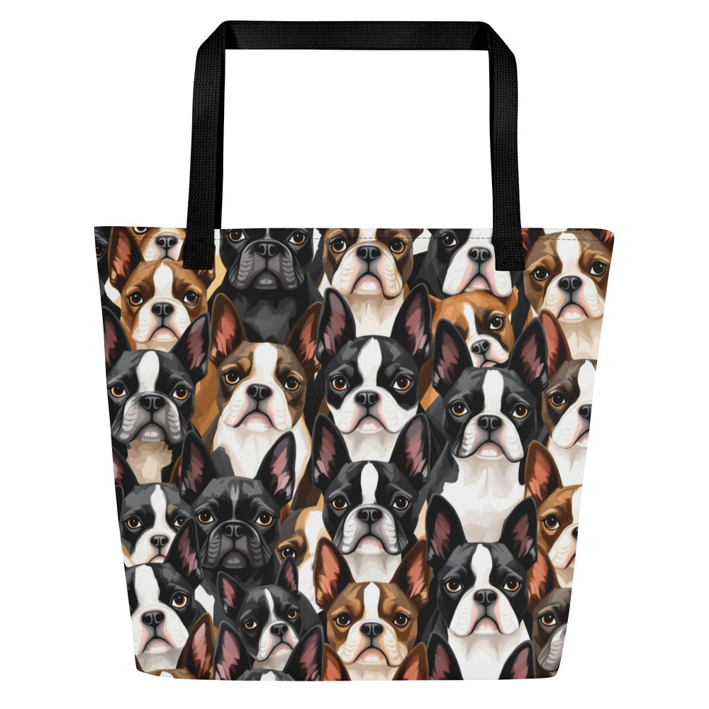 Boston Terrier Dogs Crowd Large Tote Bag . Black
