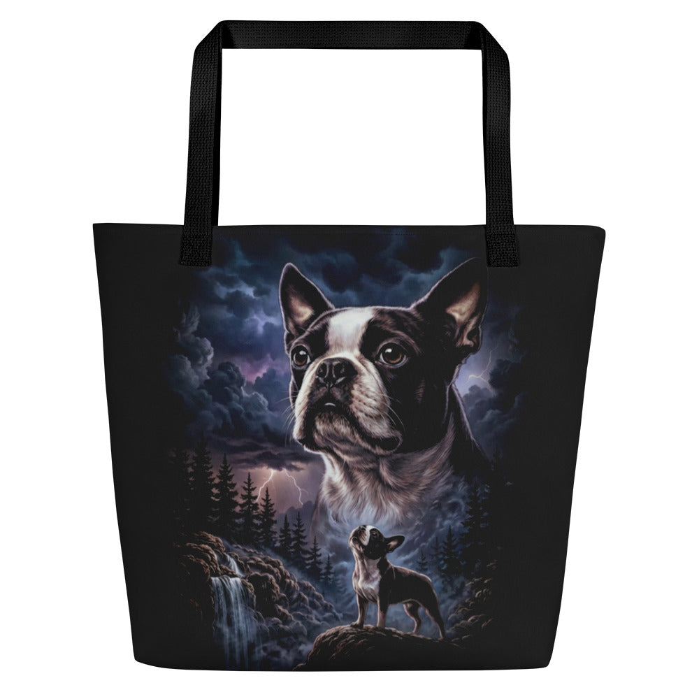 Storm Guardian – Majestic Boston Terrier Night Art Large Tote Bag . Default Title