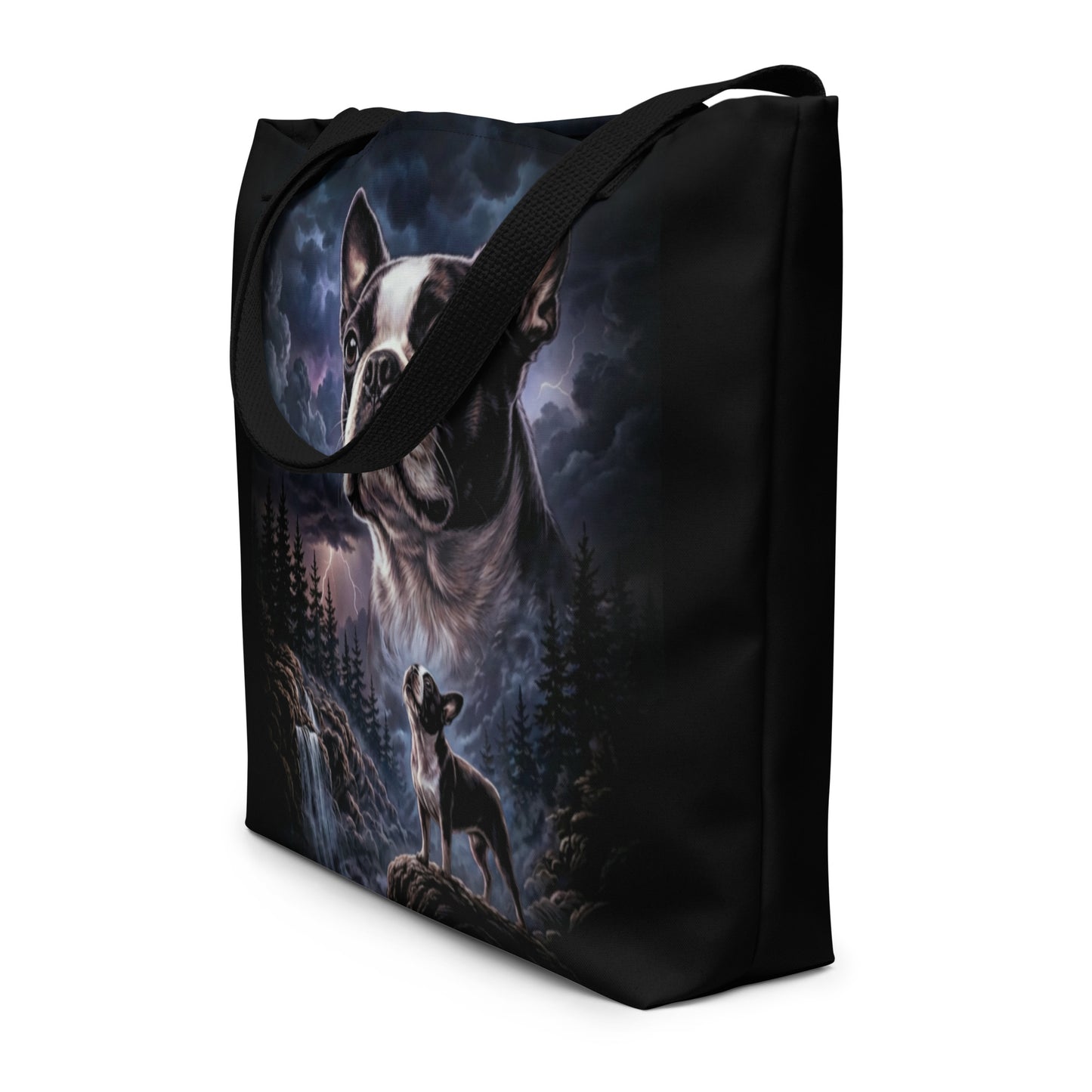 Storm Guardian – Majestic Boston Terrier Night Art Large Tote Bag .