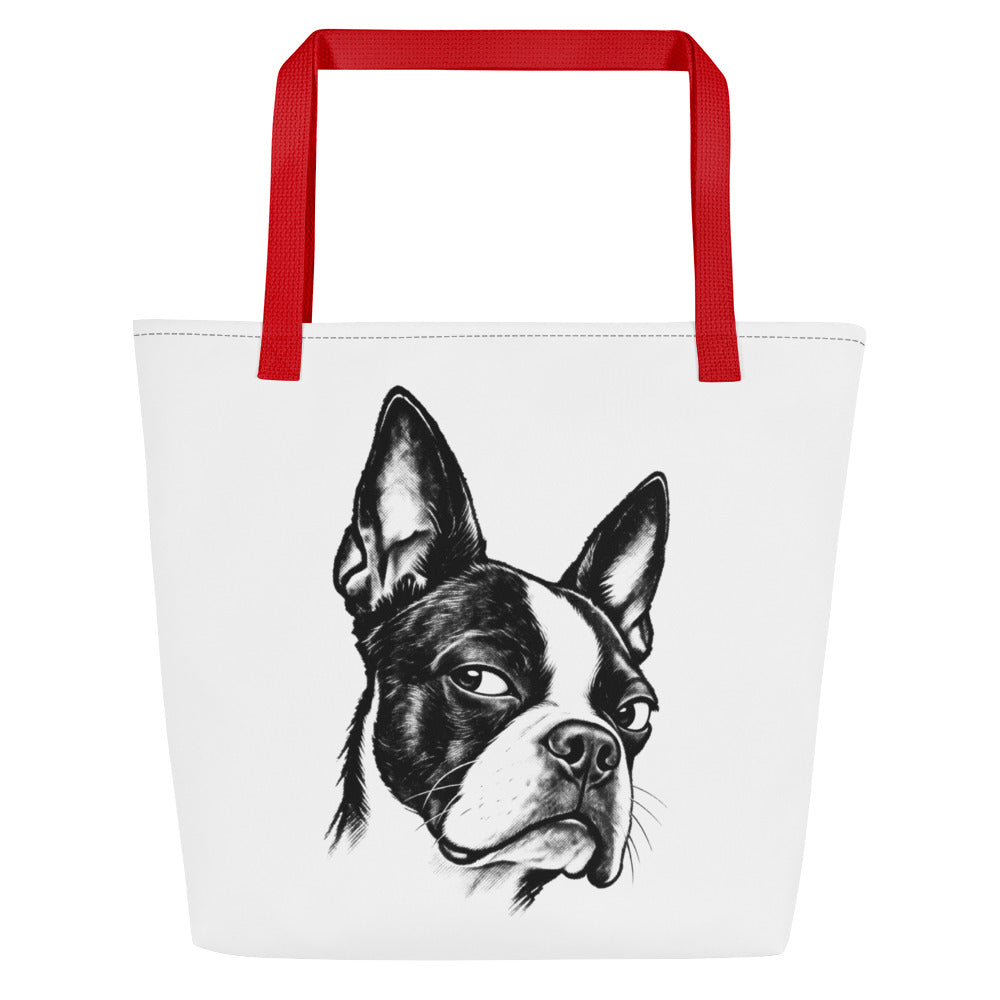 Suspicious Side Eye Boston Terrier Large Tote Bag . Red