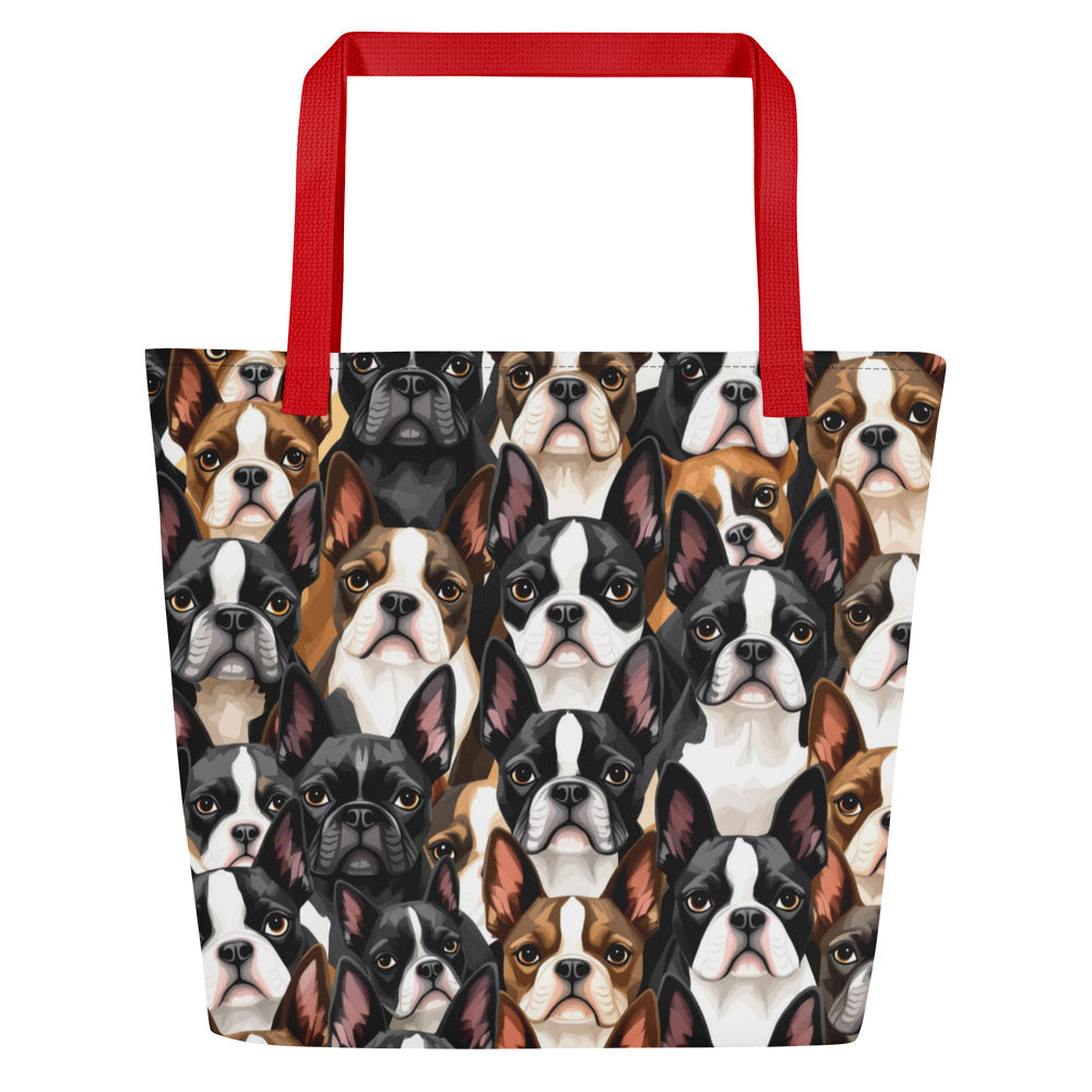 Boston Terrier Dogs Crowd Large Tote Bag . Red