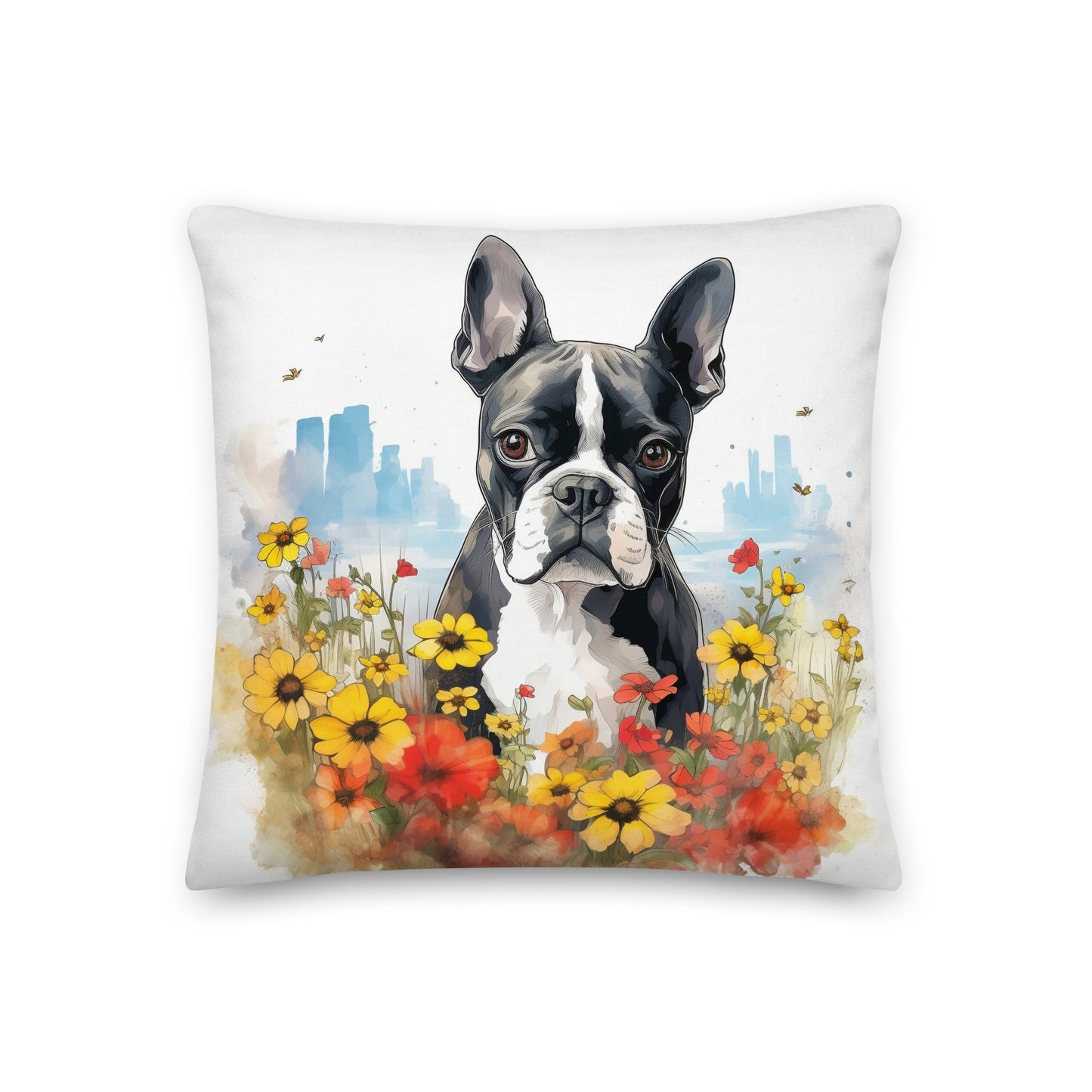 Boston Terrier Dog In A Garden Outside The City Premium Pillow