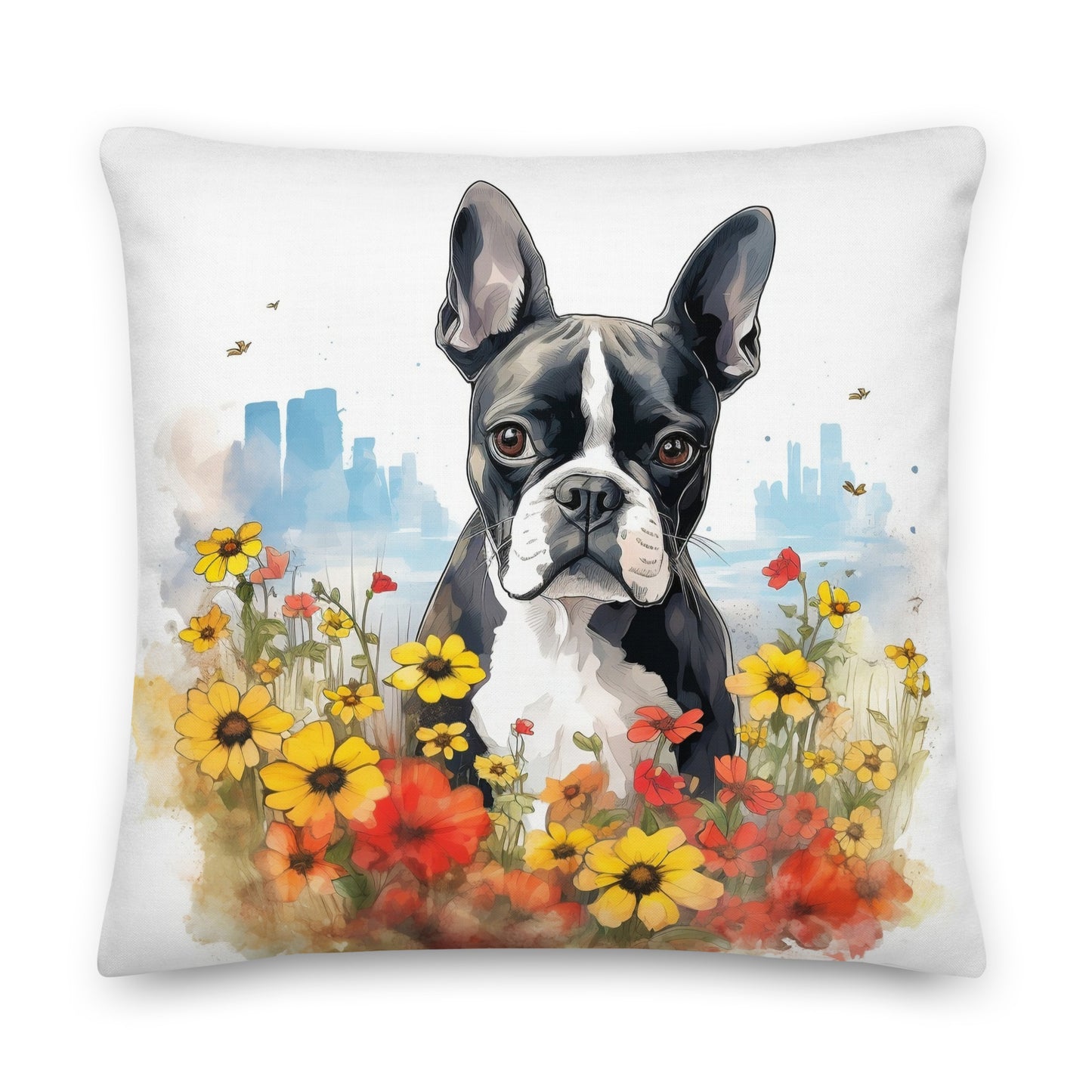 Boston Terrier Dog In A Garden Outside The City Premium Pillow