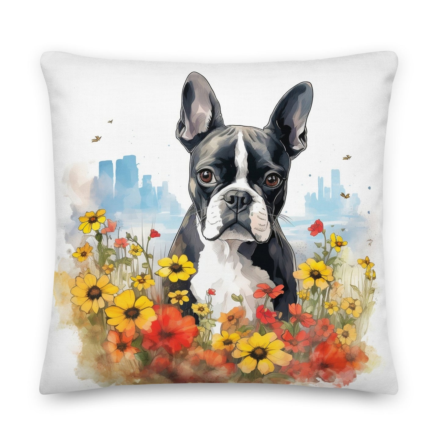 Boston Terrier Dog In A Garden Outside The City Premium Pillow