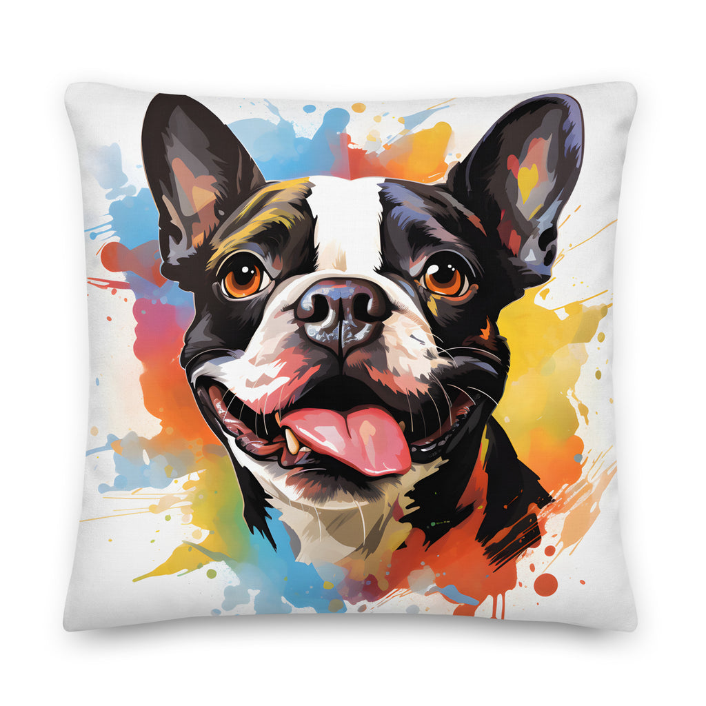 Colorful Playful Boston Terrier Dog Splash Art Premium Pillow