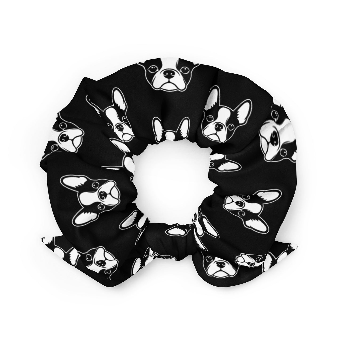 Boston Terrier Dog Heads Recycled Scrunchie .