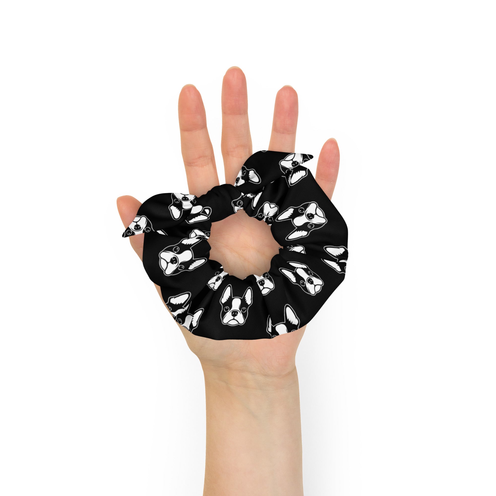 Boston Terrier Dog Heads Recycled Scrunchie .