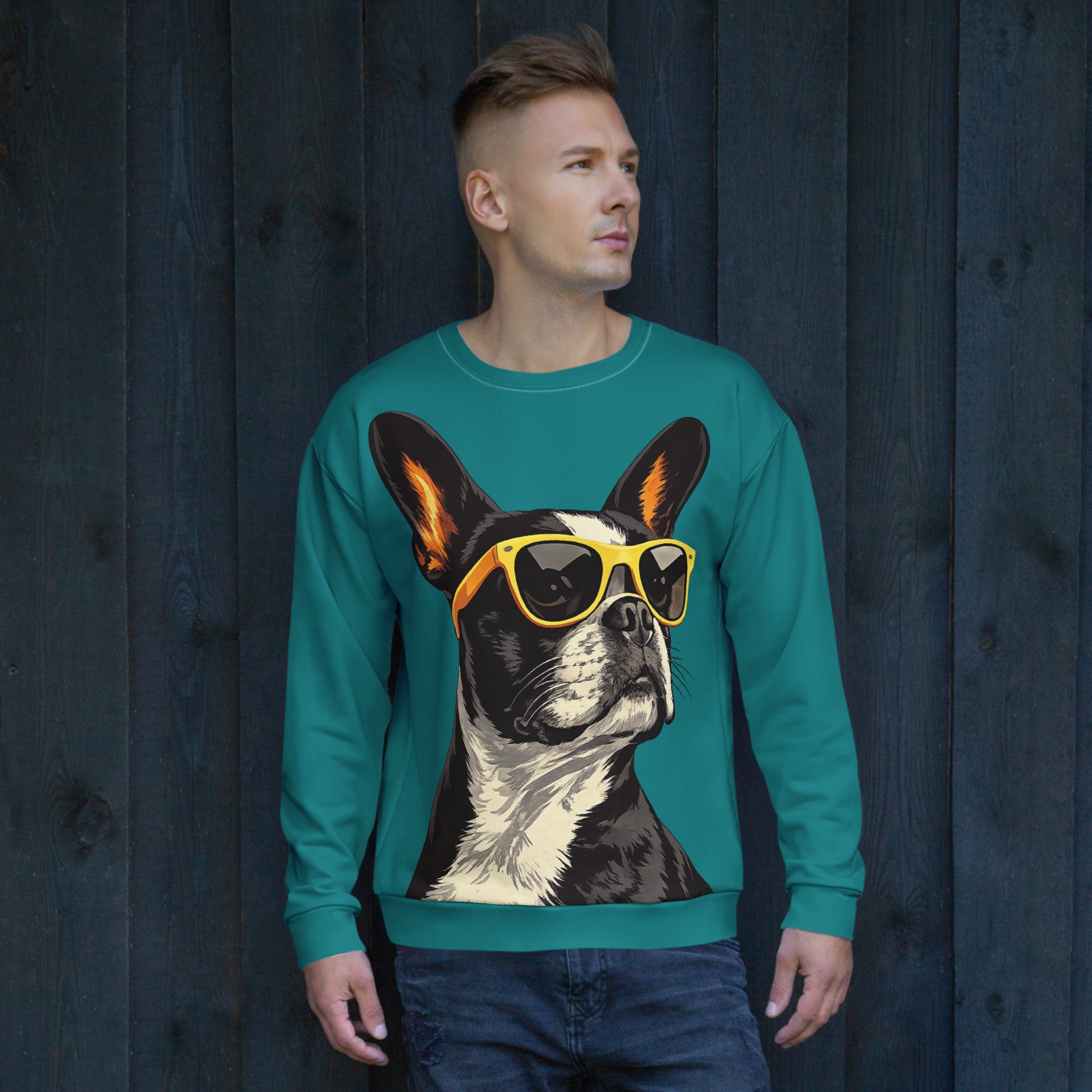 Too Cool Boston Terrier Dog Unisex Sweatshirt - Teal .