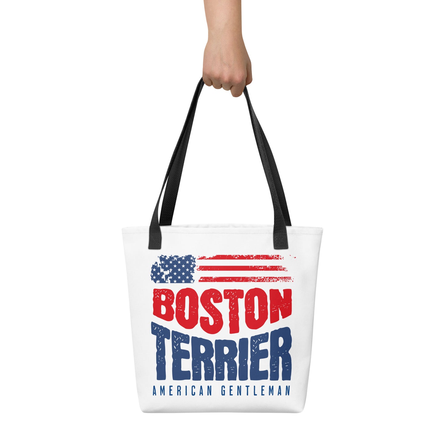 Boston Terrier American Flag White Tote Bag – 4th of July Patriotic Dog Tote Bag | USA 250th Birthday Tote Bag .