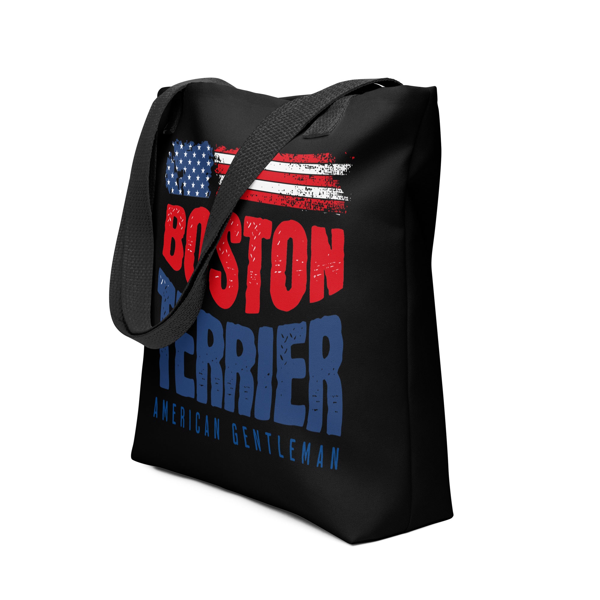 Boston Terrier American Flag Black Tote Bag – 4th of July Patriotic Dog Tote Bag | USA 250th Birthday Tote Bag .