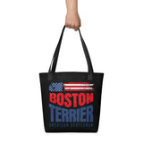 Boston Terrier American Flag Black Tote Bag – 4th of July Patriotic Dog Tote Bag | USA 250th Birthday Tote Bag .