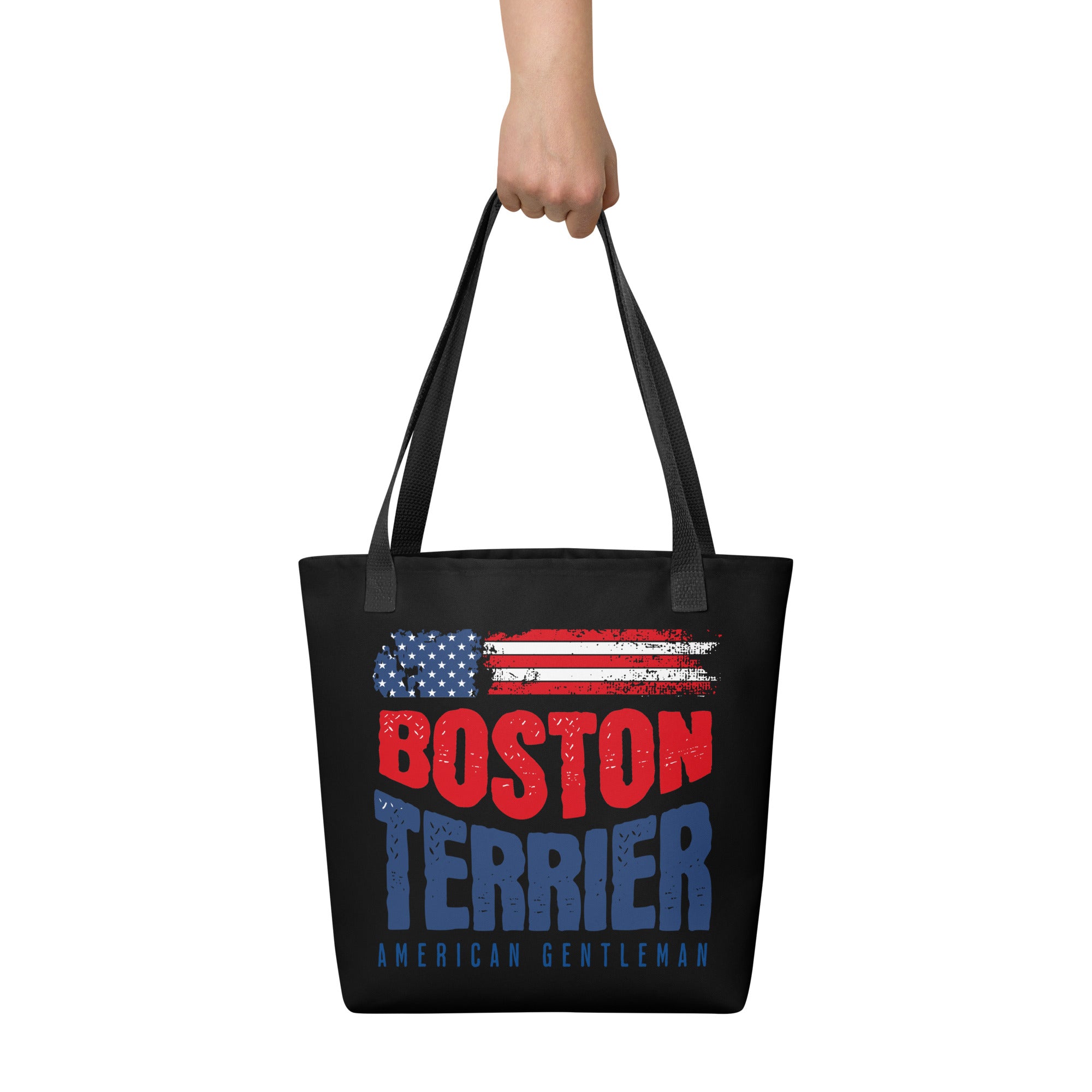 Boston Terrier American Flag Black Tote Bag – 4th of July Patriotic Dog Tote Bag | USA 250th Birthday Tote Bag .