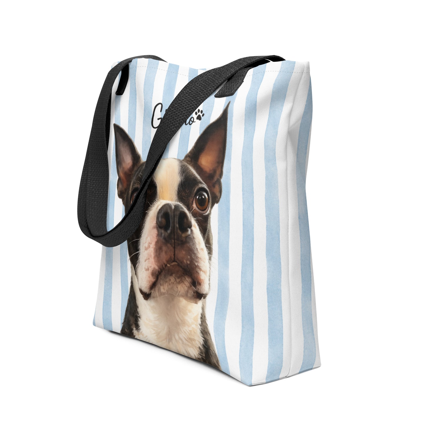 Custom Striped Dog Portrait Tote Bag - Watercolor Art Using Photo(s) And Name(s) .