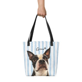 Custom Striped Dog Portrait Tote Bag - Watercolor Art Using Photo(s) And Name(s) .