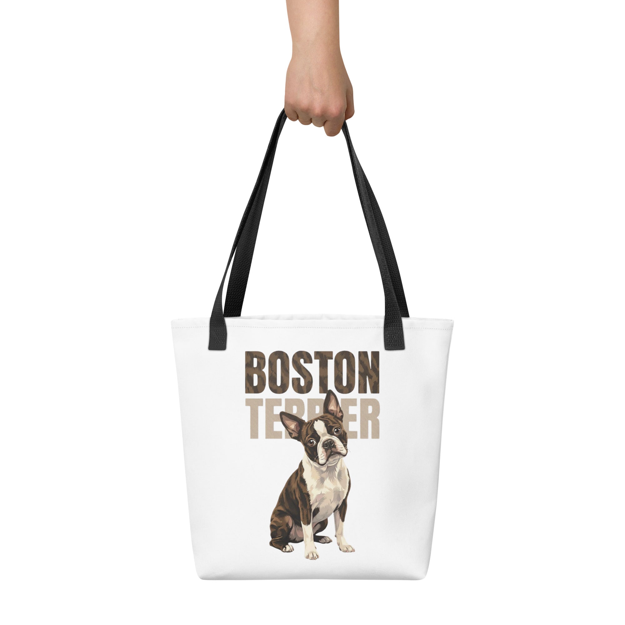 Brindle Boston Terrier Dog Tote Bag .